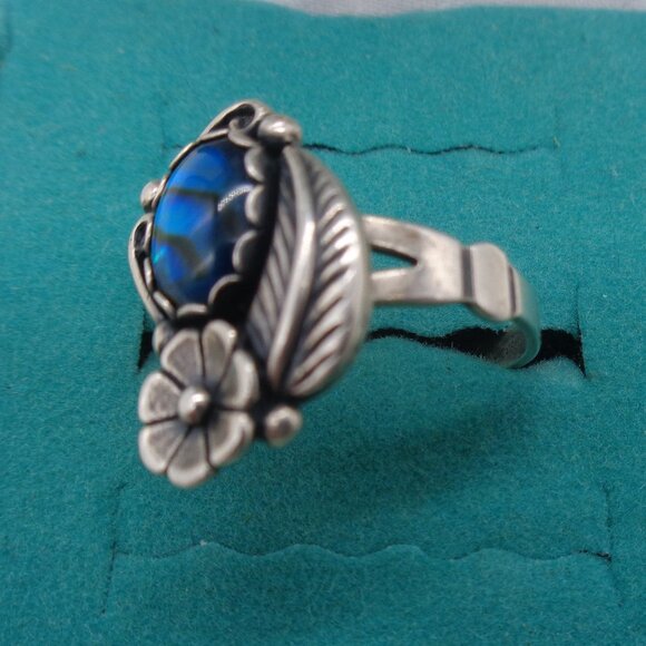 Vintage Blue PAUA SHELL Sterling Silver RING Leaf & Flower SZ. 7.5 - Picture 2 of 9